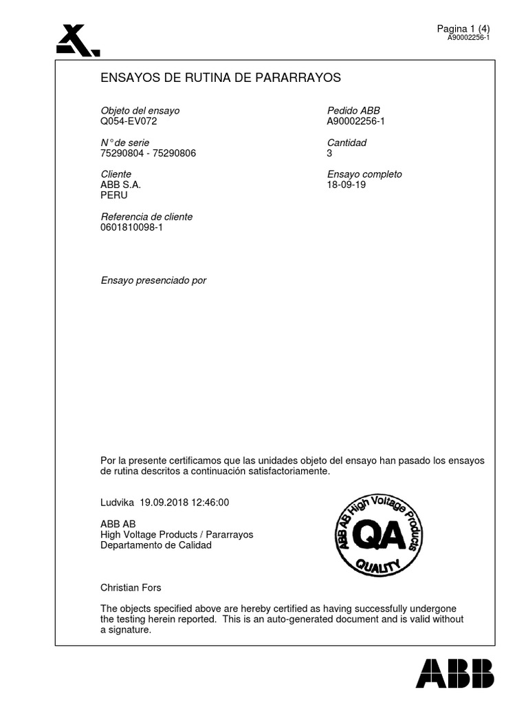 Ensayos de Rutina de Pararrayos: Objeto Del Ensayo Pedido ABB | PDF ...