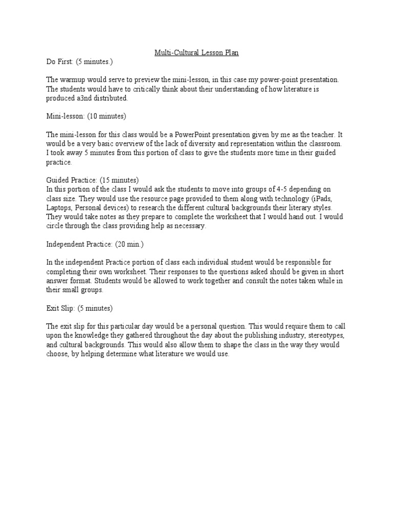 Multi-Cultural Literature Lesson Plan | PDF | Multiculturalism | Lesson ...