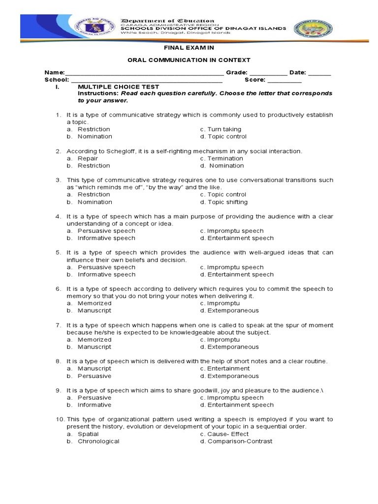 Oral Communication Final Exam Guide | PDF | Persuasion | Test (Assessment)