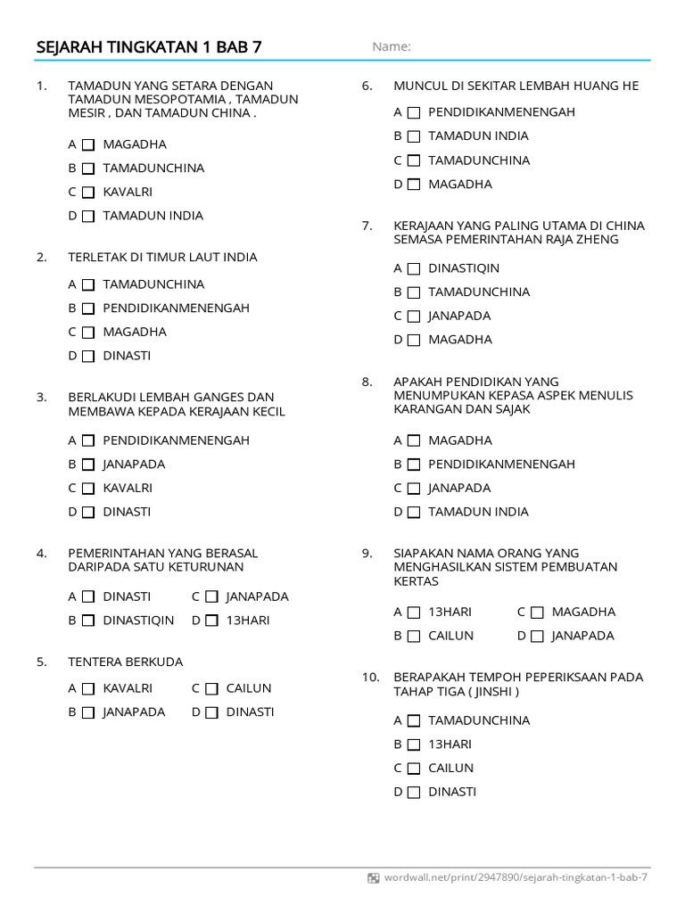 Sejarah Tingkatan 1 Bab 7 Kuiz Pdf