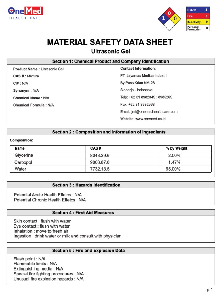 Material Safety Data Sheet Ultrasonic Gel PDF Personal Protective