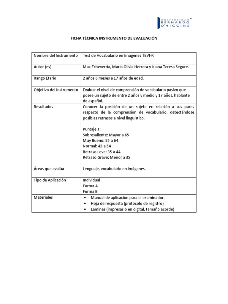 Ficha Test de Vocabulario en Imágenes TEVI-R | PDF