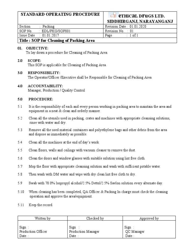 SOP For Cleaning of Packing Area PDF