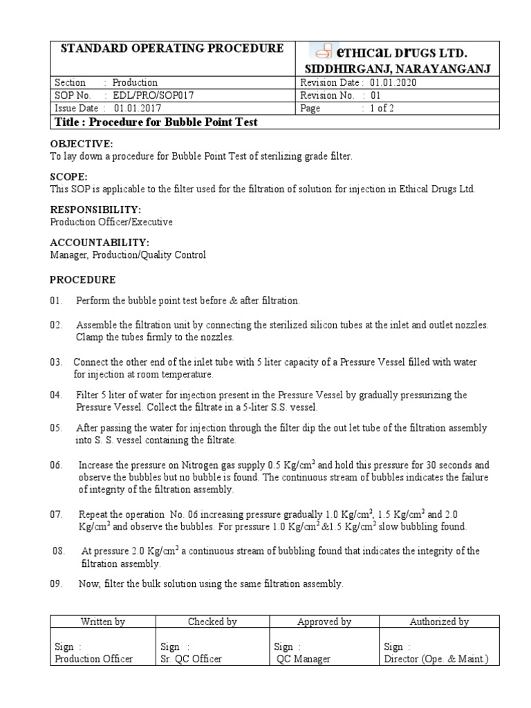 SOP For Bubble Point Test | PDF | Filtration | Mechanical Engineering