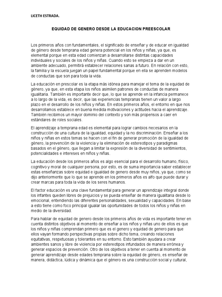 Educación en Equidad de Género Infantil | PDF | Igualdad de género ...