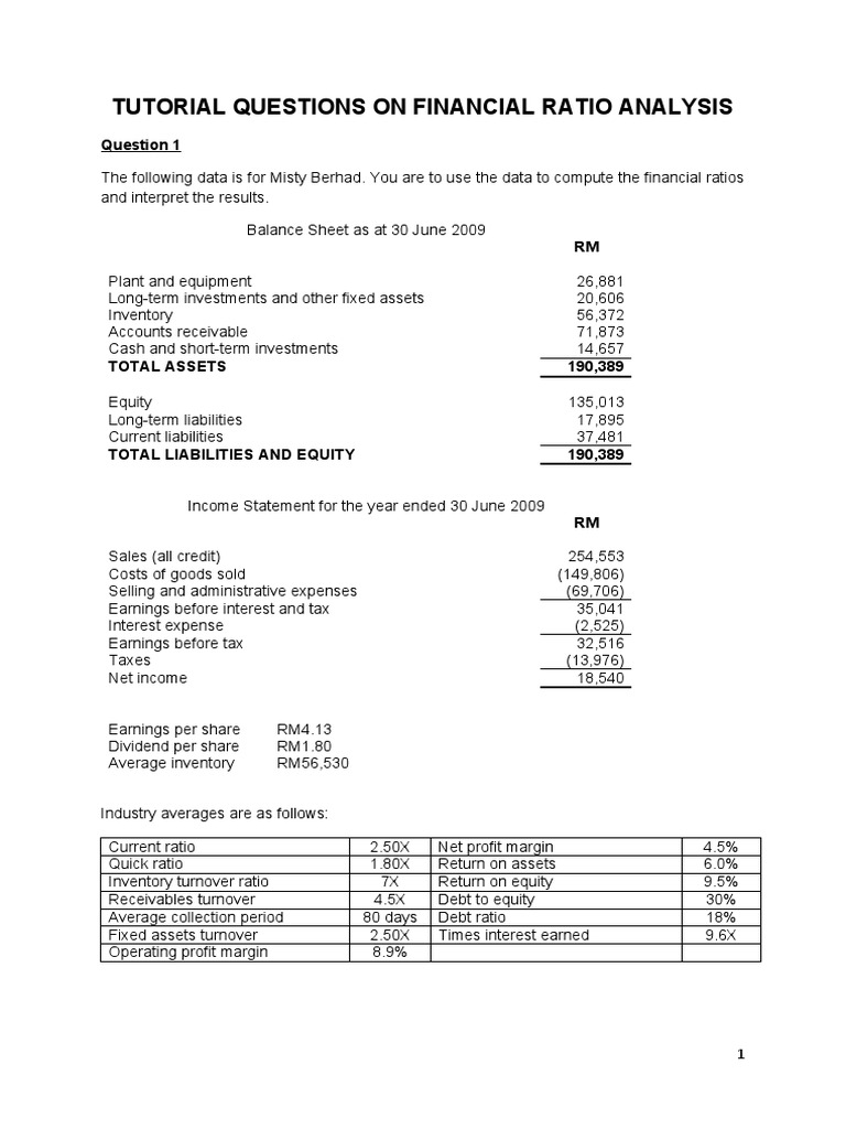 Tutorial Questions on Financial Ratio Analysis Revenue