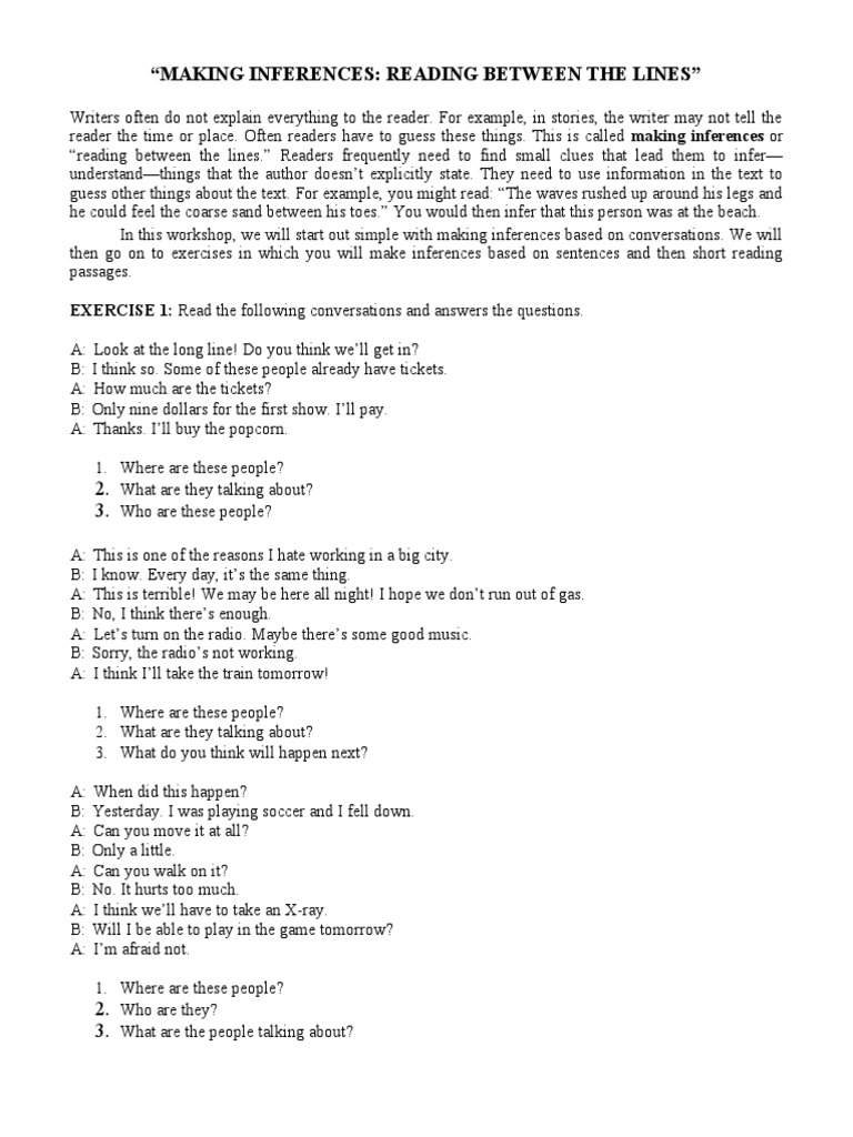 "Making Inferences Reading Between The Lines" EXERCISE 1 Read The