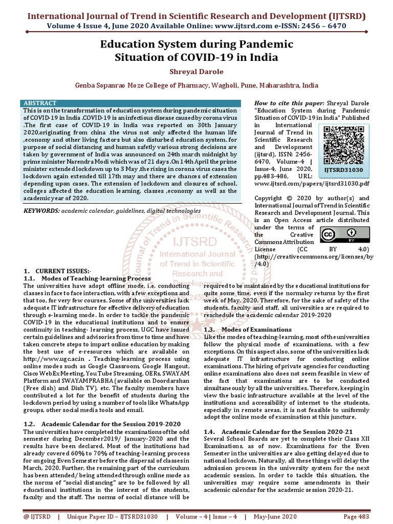 Education System During Pandemic Situation of COVID 19 in India | PDF ...