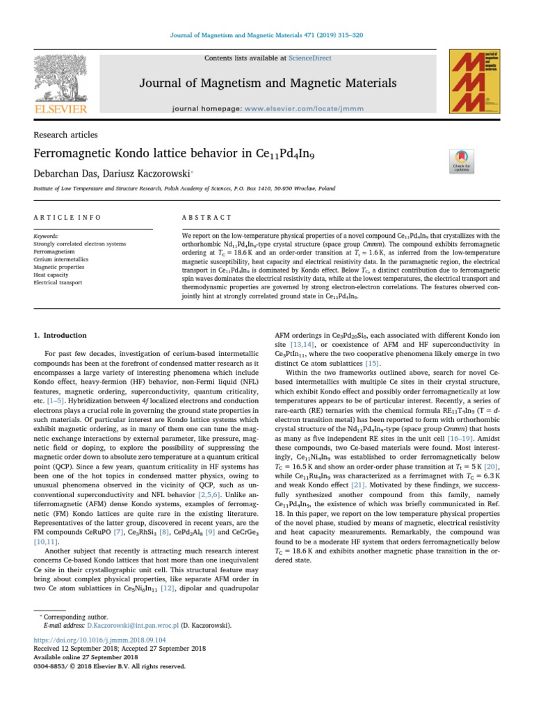 Ferromagnetic Kondo Lattice Behavior In Ce11pd4in9 Ferromagnetism Electrical Resistivity And Conductivity