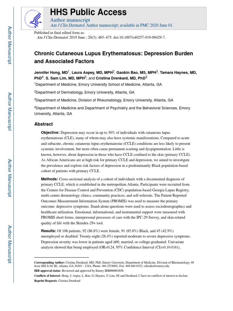 Chronic Cutaneous Lupus Erythematosus Depression Burden and Associated Factors PDF Systemic