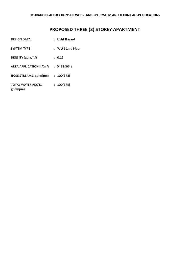 Proposed Three (3) Storey Apartment Hydraulic Calculations of Wet Standpipe System and