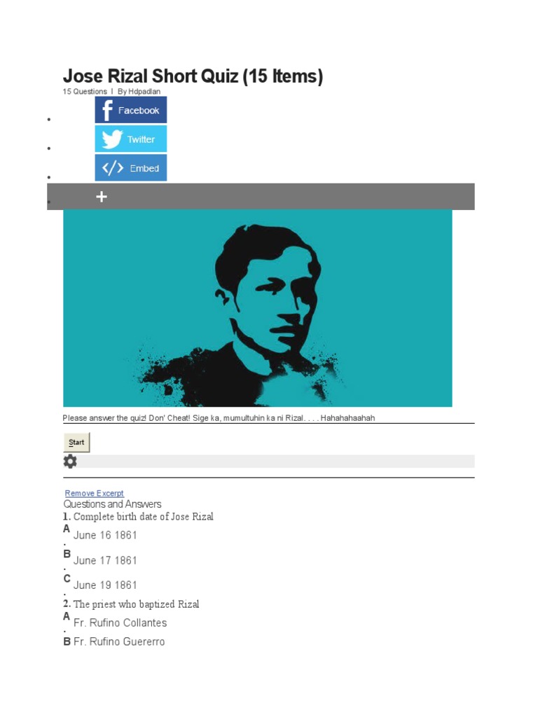 Jose Rizal Short Quiz: 15 Items | PDF | Philippines