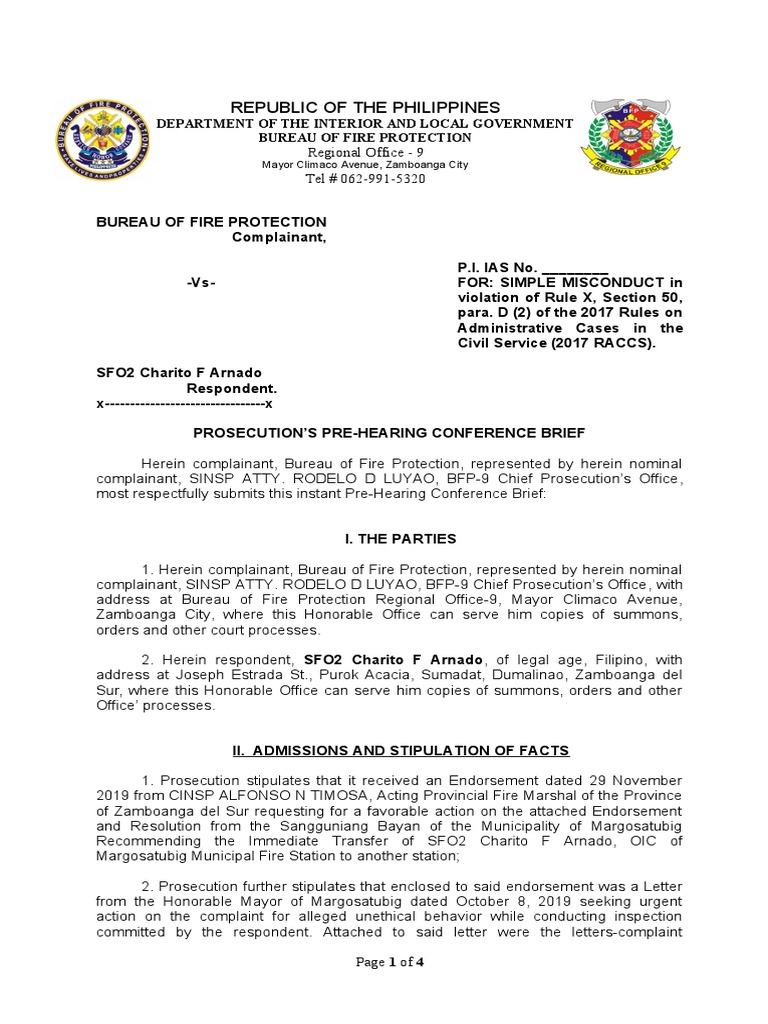 Pre Hearing Conference Brief PDF Prosecutor Complaint