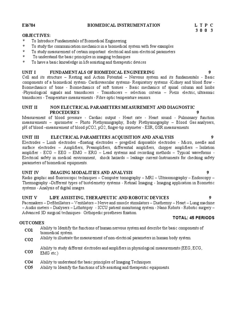 Syllabus BMI | PDF | Biomedical Engineering | Medical Imaging