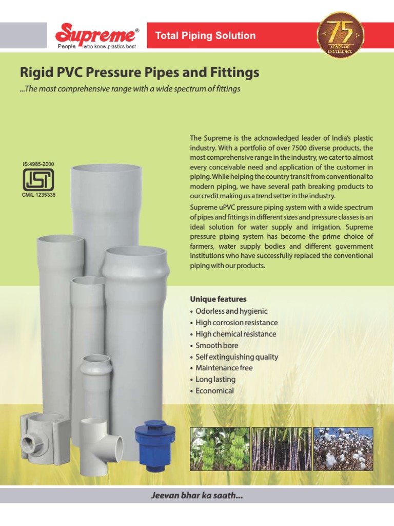 Supreme uPVC Pressure Pipes Guide | PDF | Polyvinyl Chloride | Pipe ...