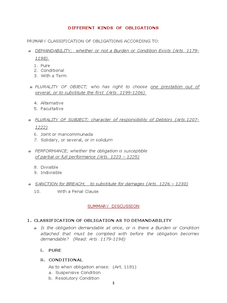 Different Kinds of Obligations 1. Classification of Obligation As To