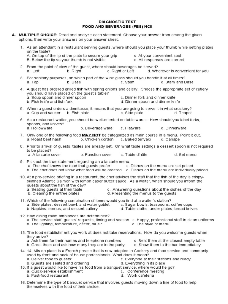 FBS NCII Diagnostic Test Overview | PDF | Tableware | Menu