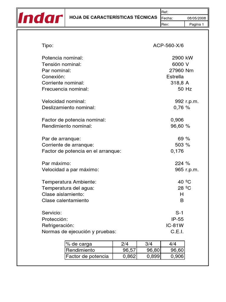 Motor Indar ACP-560-X6 PDF | PDF | Tasas temporales | Fuerza