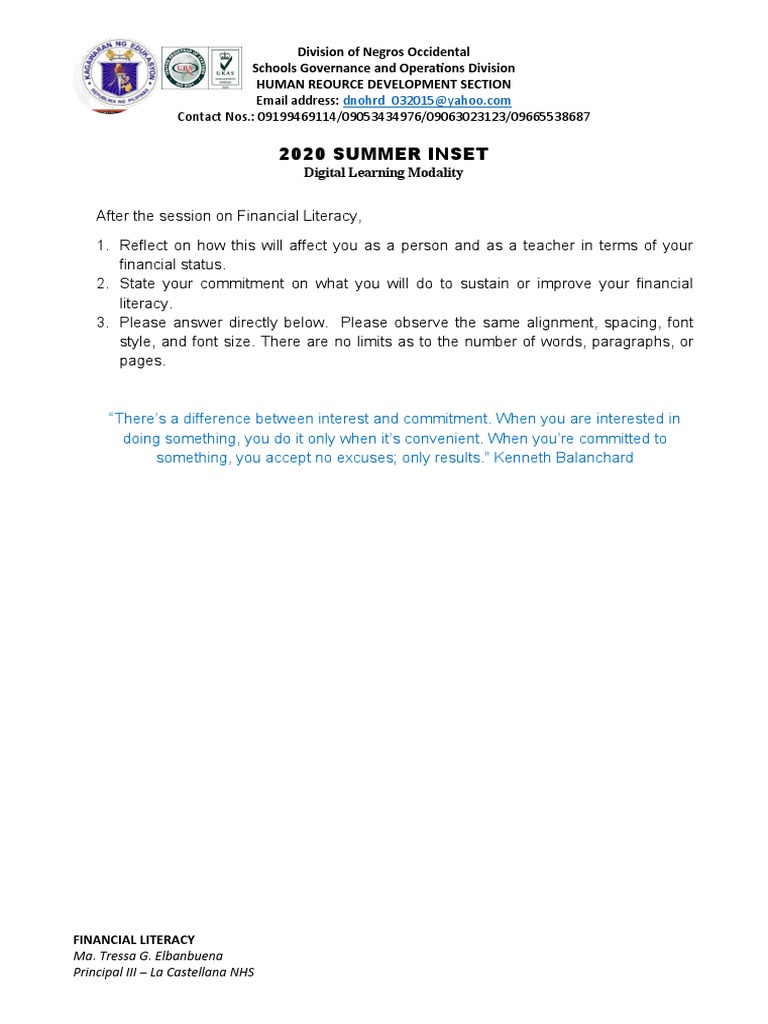 2020 - SUMMER - INSET-OUTPUT-Financial Literacy | PDF | Self-Improvement