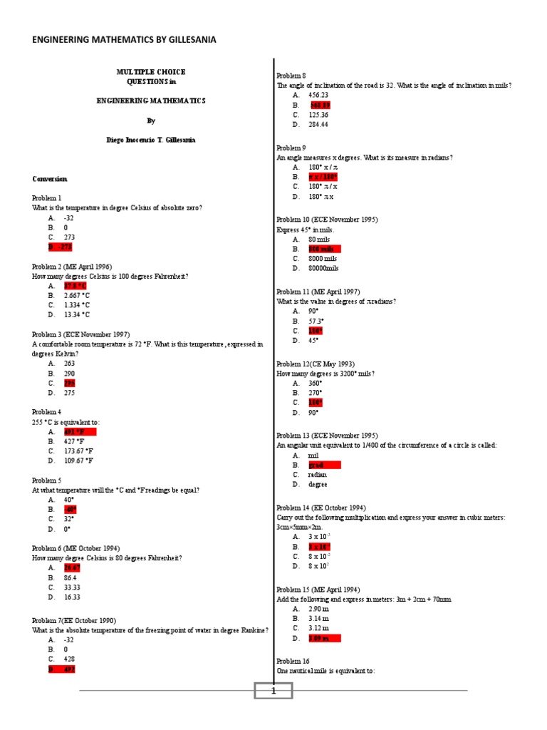 MULTIPLE CHOICE QUESTIONS in ENGINEERING MATHEMATICS by Diego Inocencio