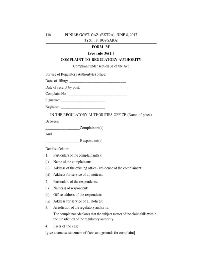 RERA Form M: Regulatory Complaint Template | PDF | Plaintiff | Complaint