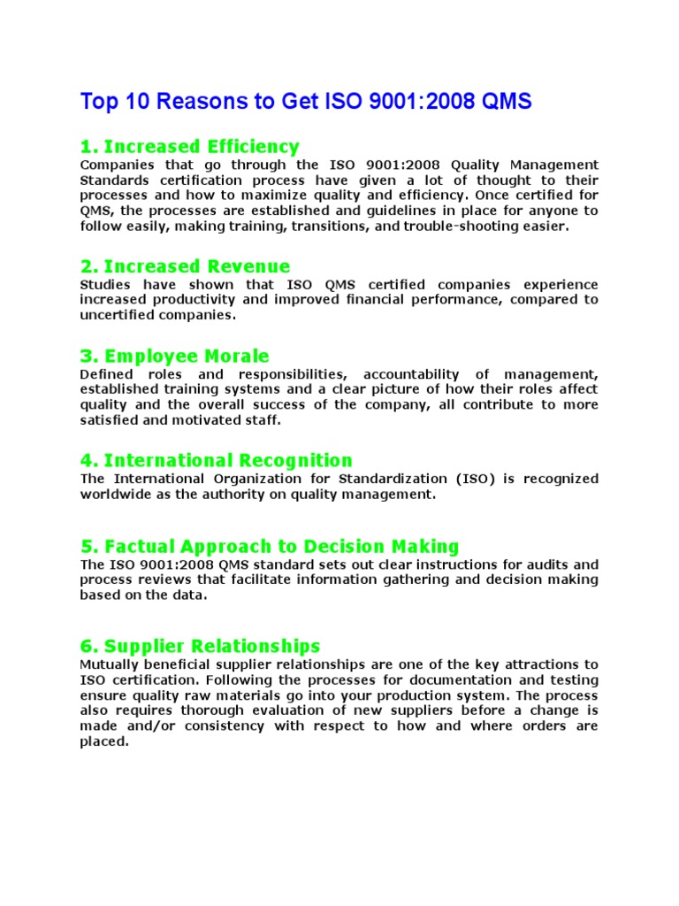 Top Benefits of ISO 9001:2008 QMS | PDF | Iso 9000 | Quality Management ...