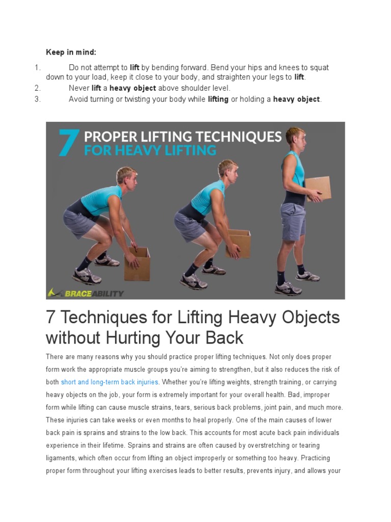 Safe Lifting Techniques for Heavy Objects | PDF | Abdomen | Weight Training