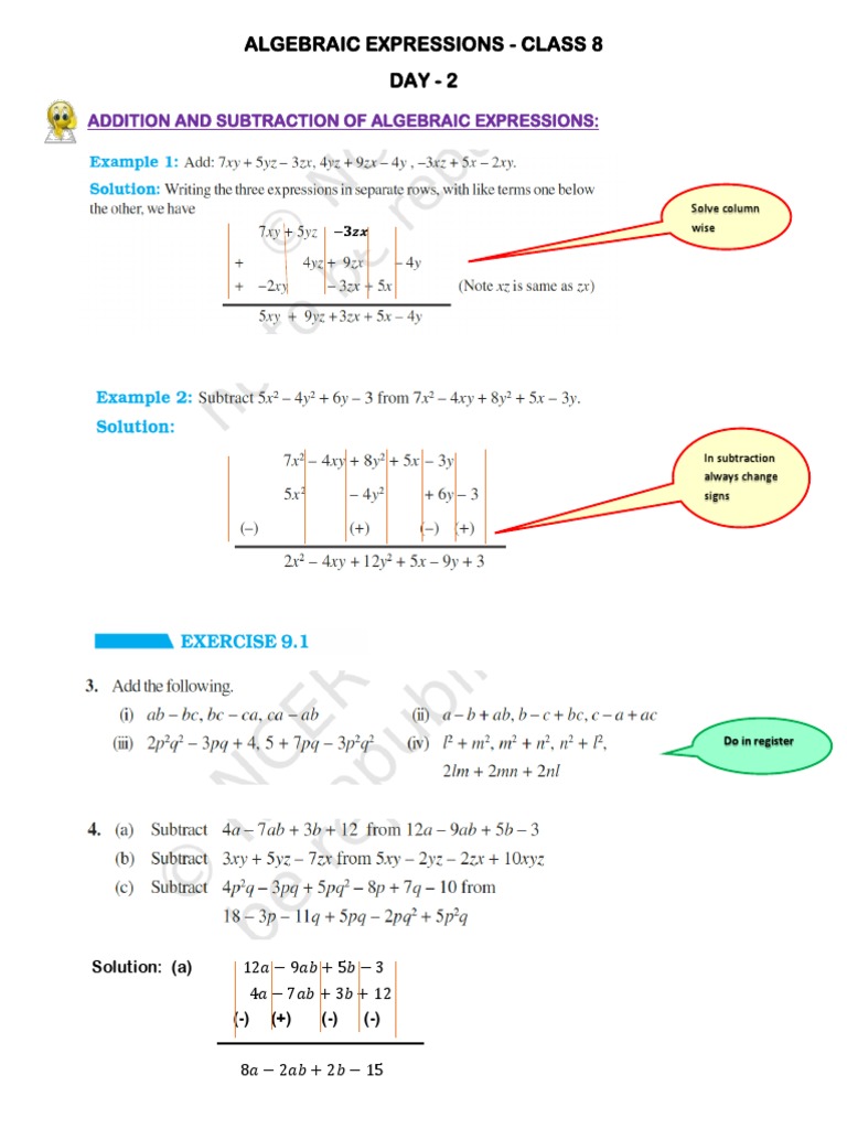 Algebraic Expressions: Class 8 Guide | PDF | Multiplication | Algebra