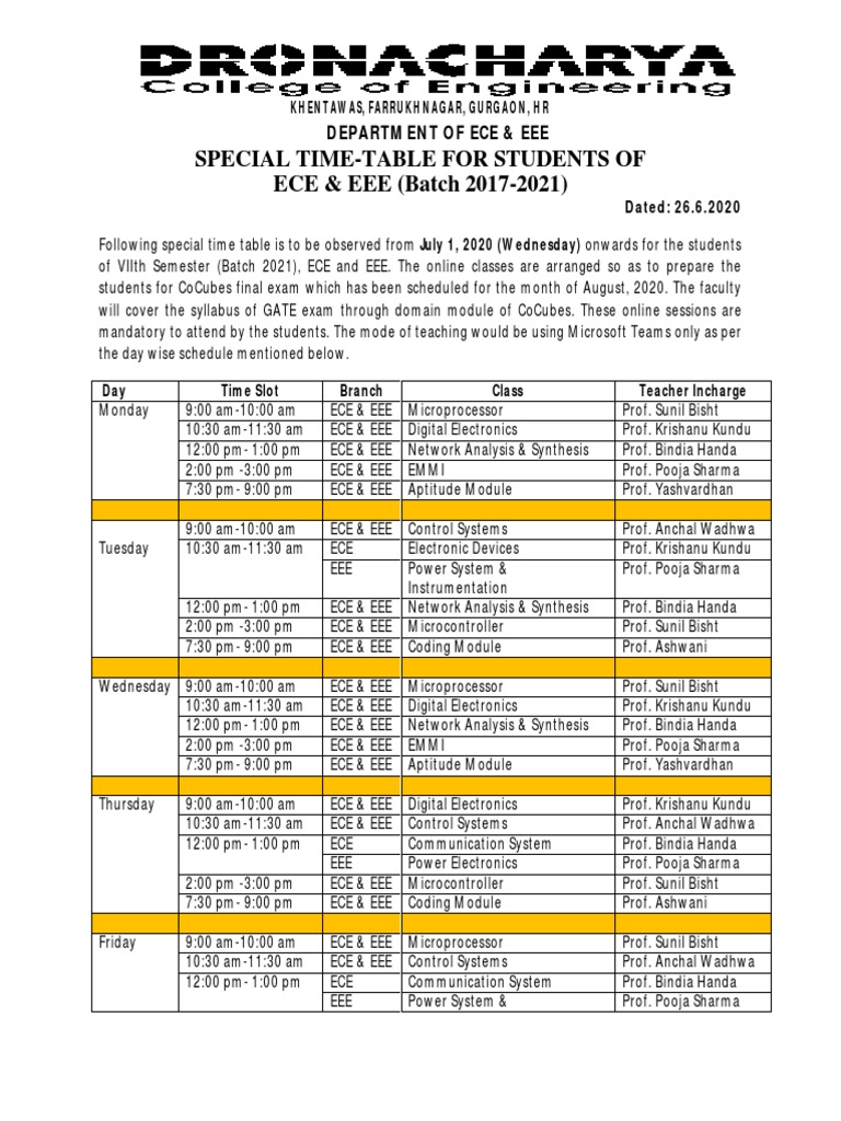 Special Time-Table For Students of ECE & EEE (Batch 2017-2021) | PDF ...