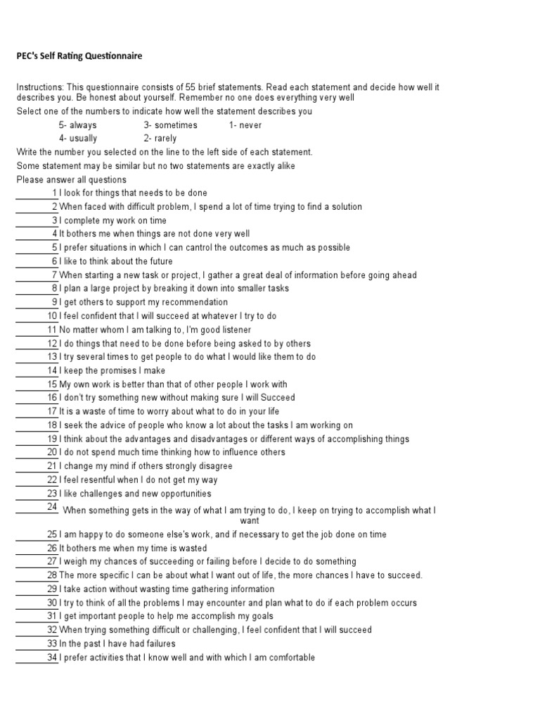 PEC Self-Rating Questionnaire Guide | PDF | Cognitive Science ...