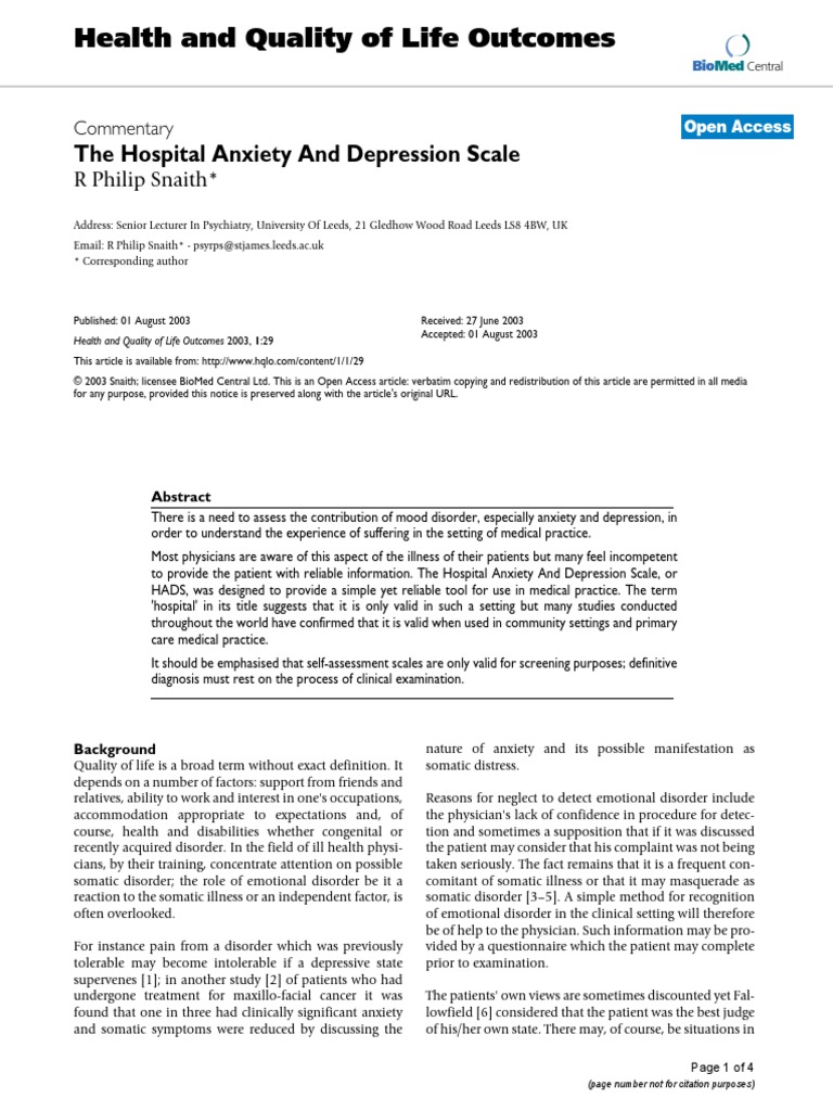 Health and Quality of Life Outcomes: The Hospital Anxiety and ...