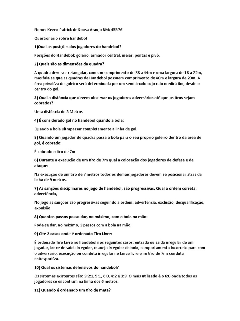 Questionário sobre Regras do Handebol | PDF | Jogos competitivos | Lazer