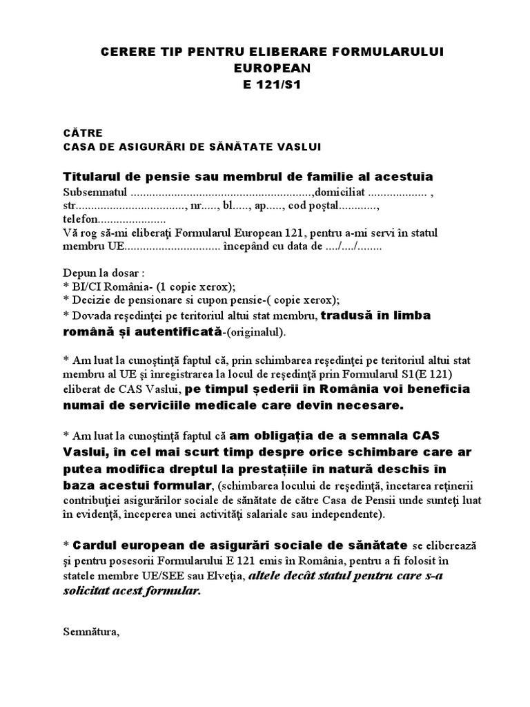 CERERE TIP PENTRU E121-Pensionari PDF | PDF
