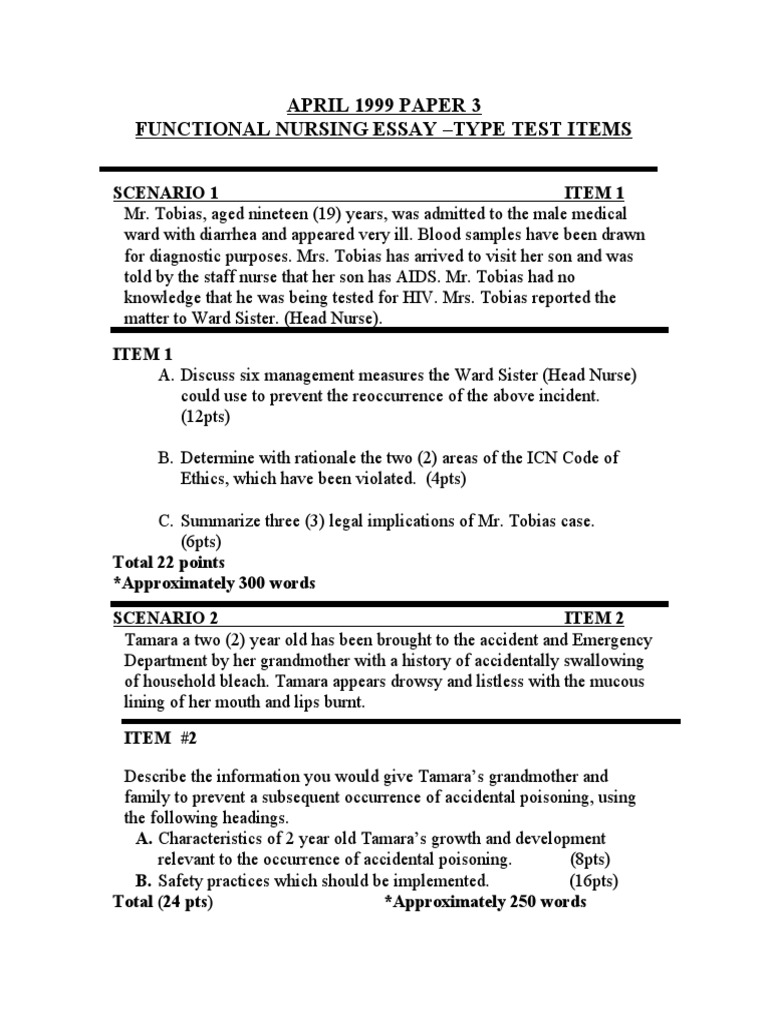 April 1999 Paper 3 Functional Nursing Essay - Type Test Items | PDF ...