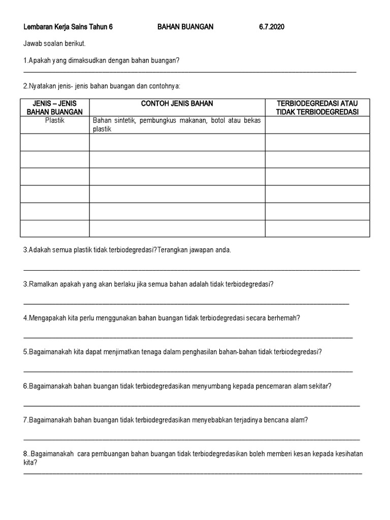 Lembaran Kerja Sains Tahun 6 Bahan Buangan Pdf