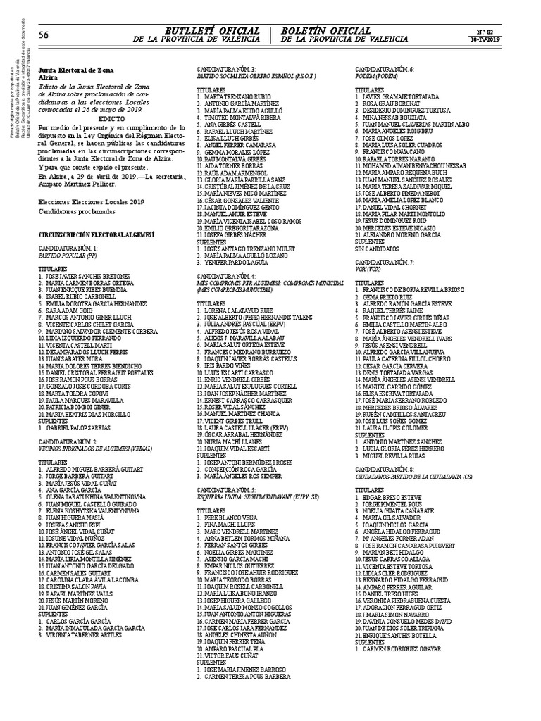 Candidaturas 26 M Alzira | PDF | Partidos políticos | Política de españa
