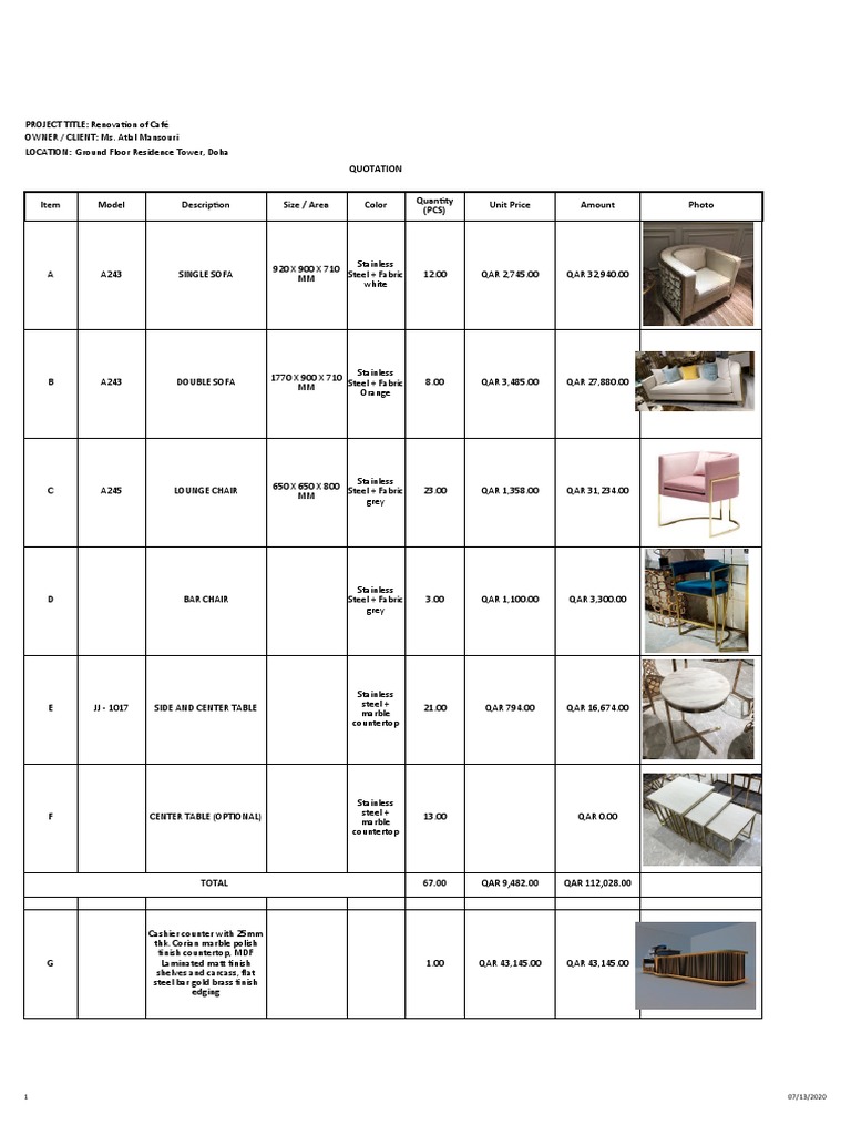 Furniture Quotation PDF Countertop Manufactured Goods