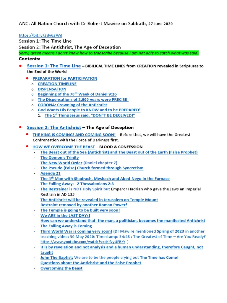 ANC 27 June 2020 The Timeline and AntiChrist The Age of Deception PDF