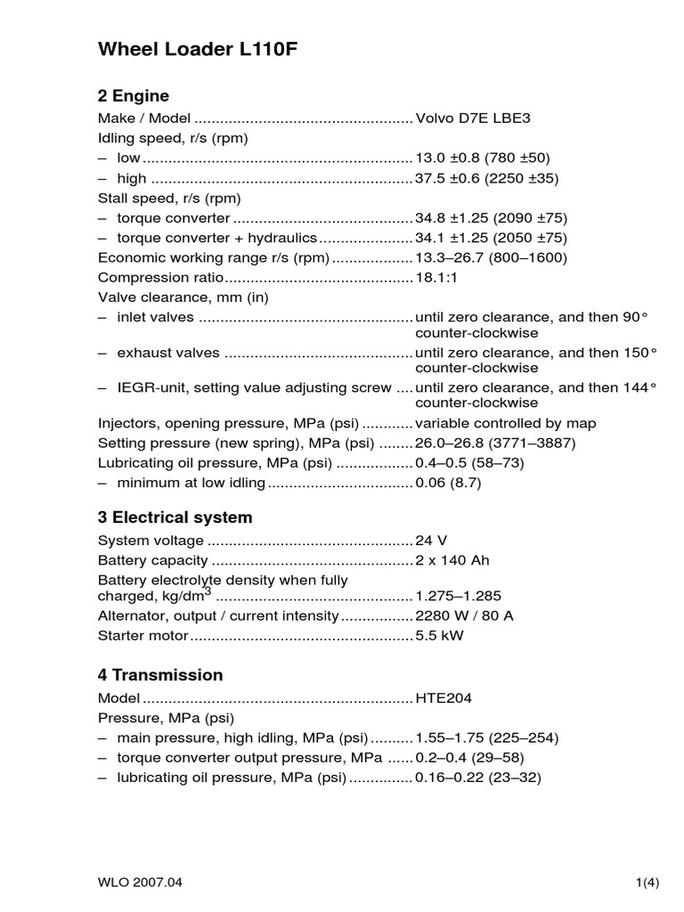 Volvo L110F Wheel Loader Specs | PDF | Vehicle Technology | Mechanical ...