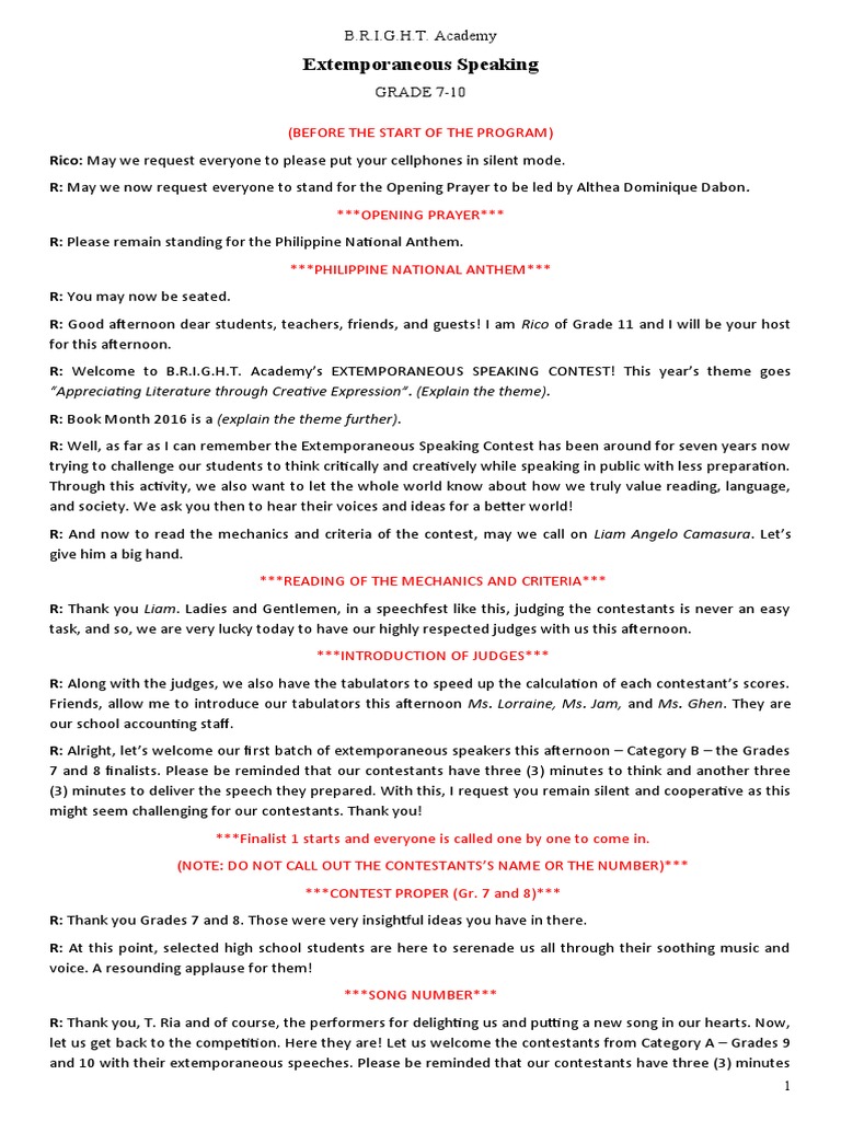 GR 7 10 Extemporaneous Speaking Emcee Script | PDF | Foreign Language ...