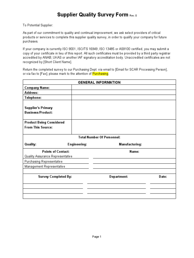 Supplier Quality Survey Form | PDF | Calibration | Quality Assurance