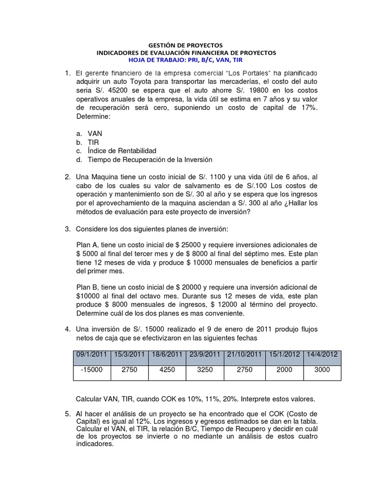 HOJA DE TRABAJO N°9-Evaluación Financiera de Proyectos | PDF | Inversiones  | Economias, image size:768x1024
