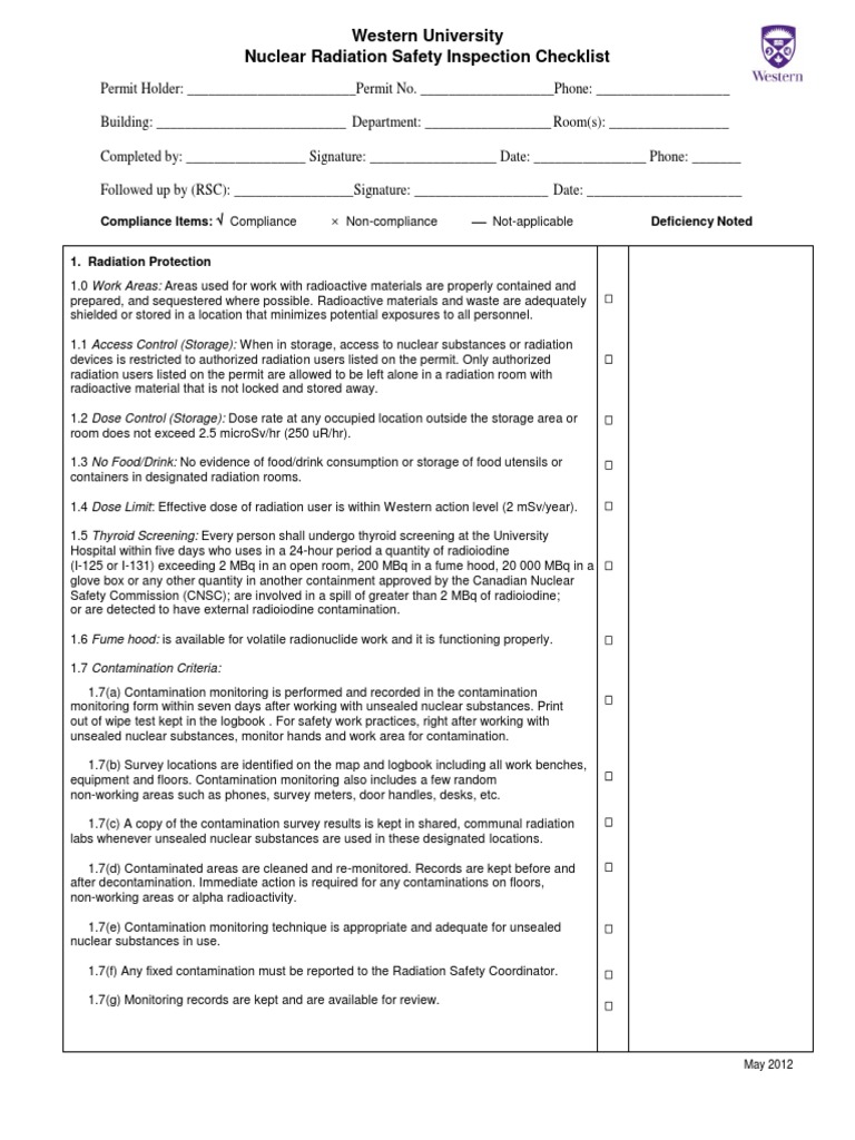 Radiation Insp Checklist PDF PDF Radioactive Contamination