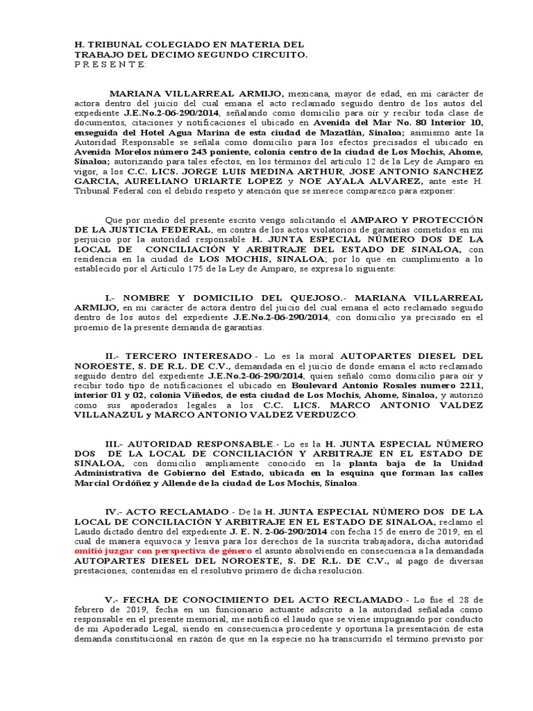 Amparo Directo contra Laudo Laboral | PDF | Discriminación | Caso de ley