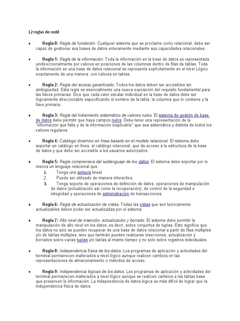 12 Reglas de Codd | PDF | Base de datos relacional | Bases de datos