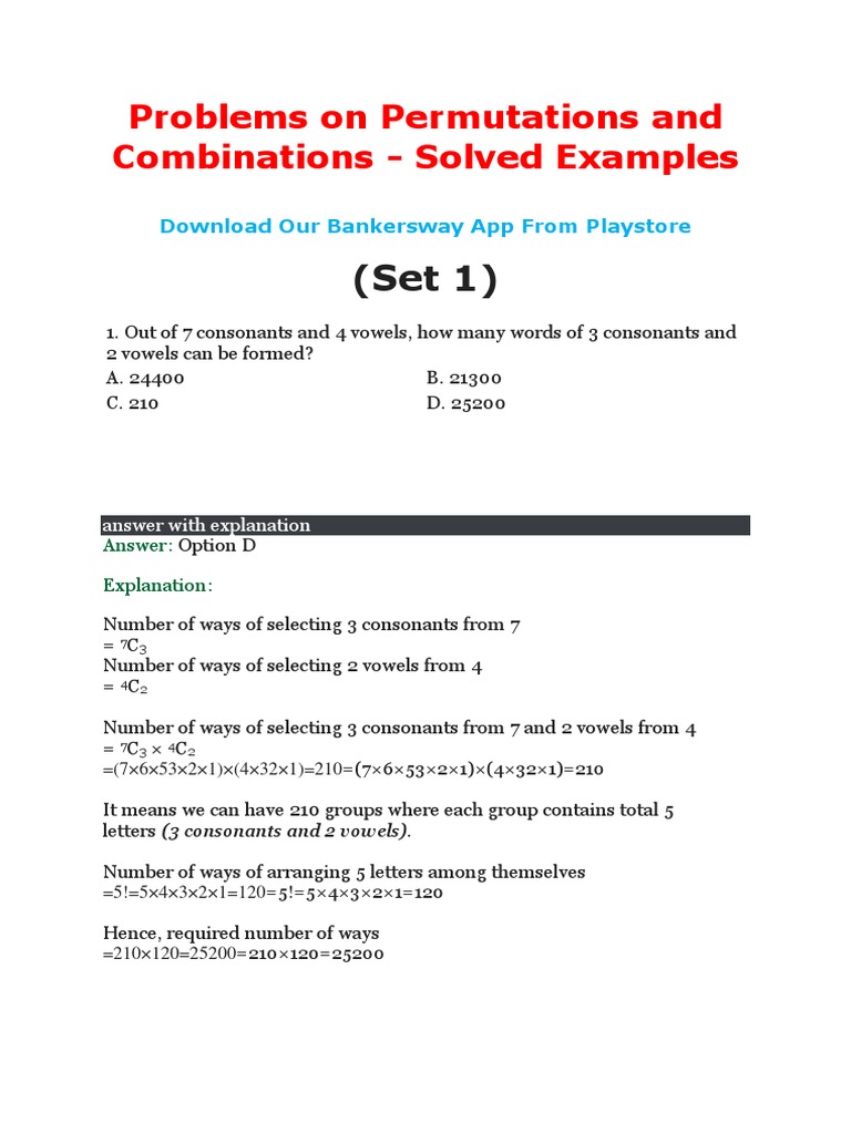 Problems On Permutations and Combinations Solved Examples Download
