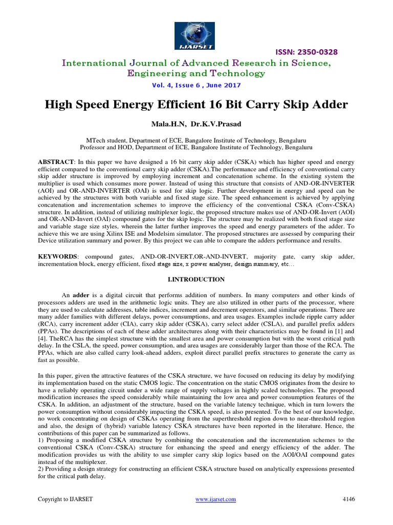 High Speed Energy Efficient 16 Bit Carry Skip Adder | PDF | Logic Gate ...