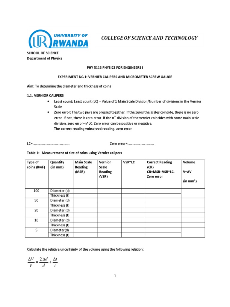 Experiment n0 1 Vernier Calipers PDF Scientific Observation