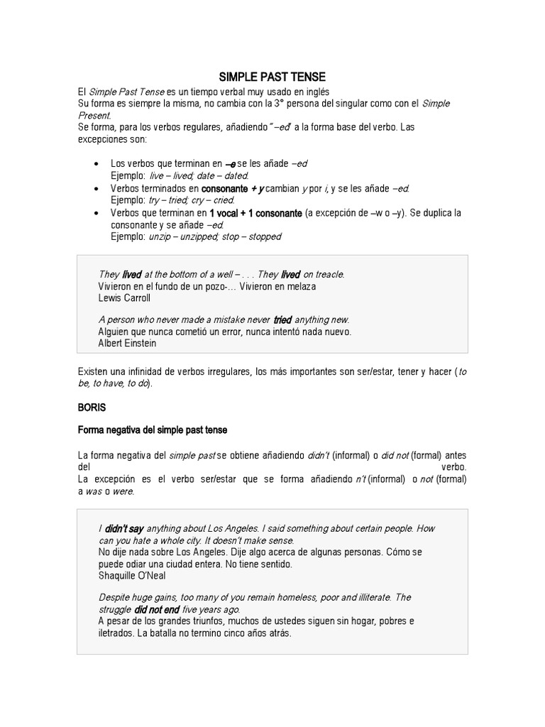 Guía del Simple Past Tense en Inglés | PDF | Mecánica del lenguaje ...