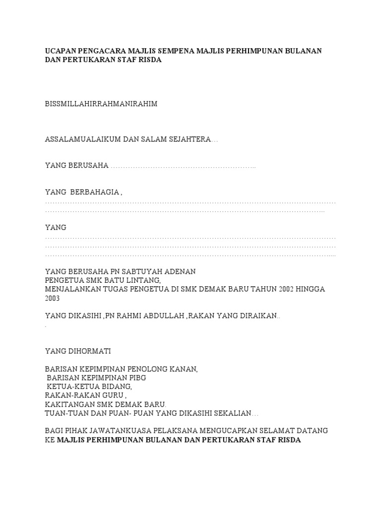 Ucapan Pengacara Majlis Sempena Majlis Perhimpunan Bulanan Dan Pertukaran Staf Risda